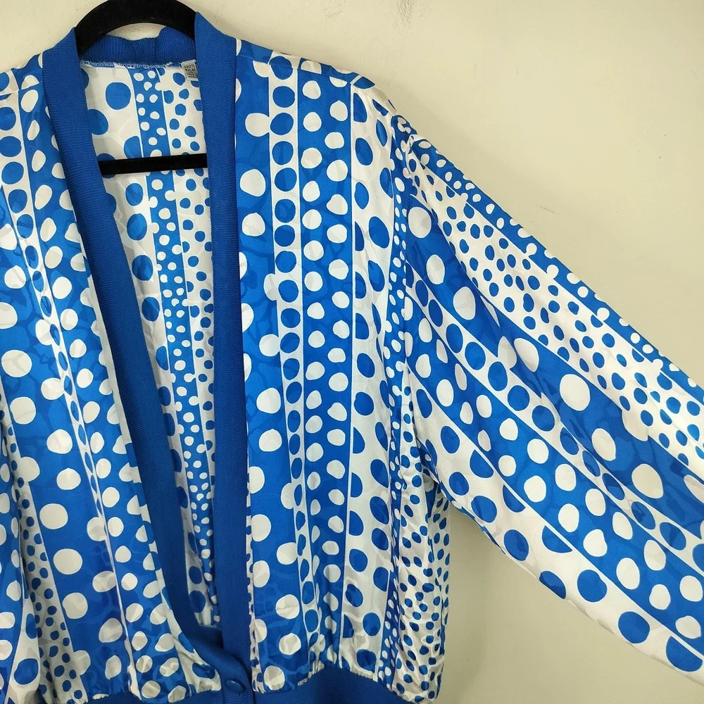 Vintage Polka Dot Silk Cardigan 16 Womens Balloon Sleeve Ribbed Cuff Blue Bold